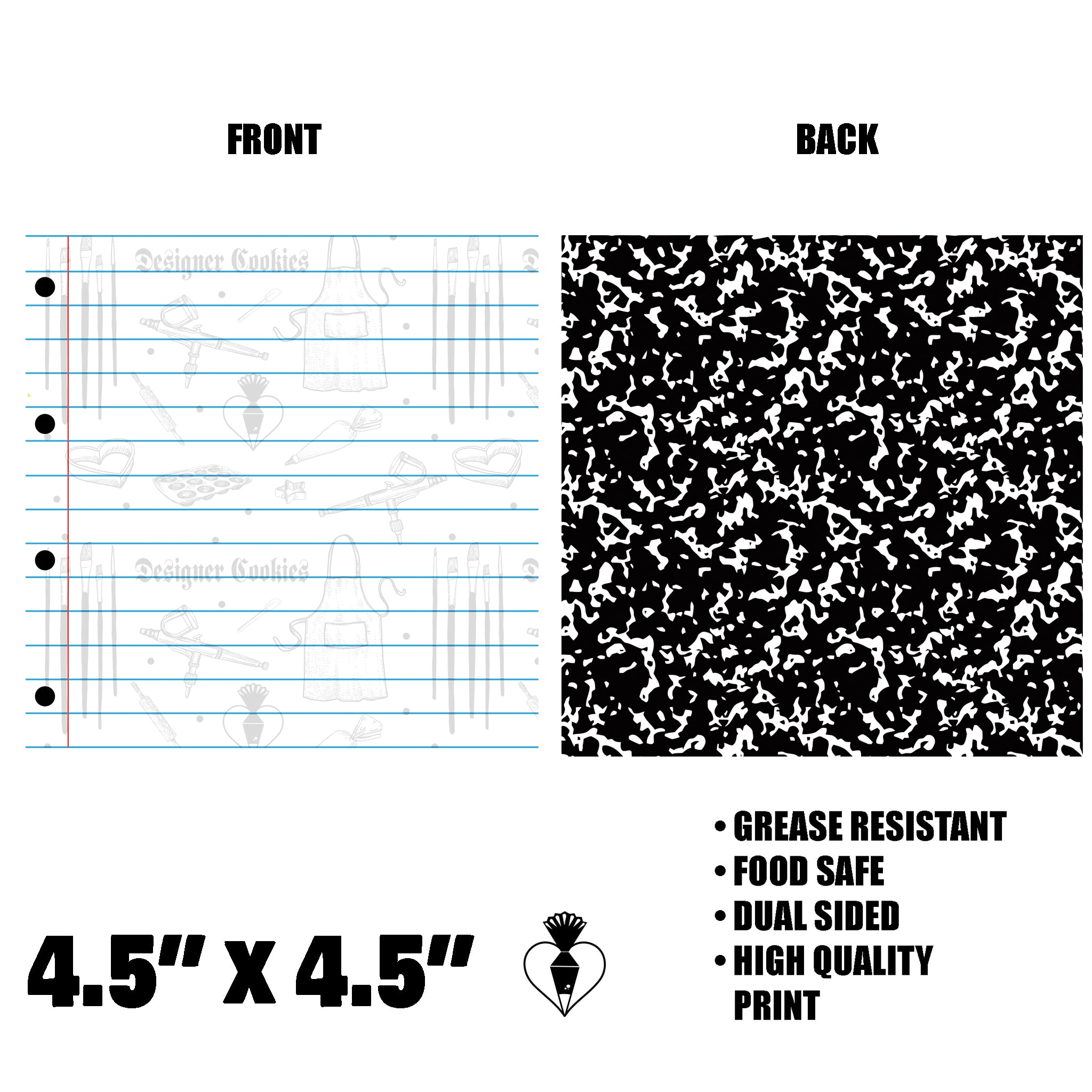 4.5"X4.5"  Composition Notebook/Writing Paper Food Safe Grease Resistant Square Backer