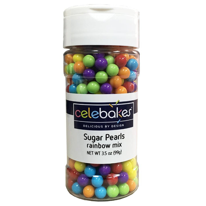 a rainbow mix of celebakes sugar pearls 6.5mm in size. 
