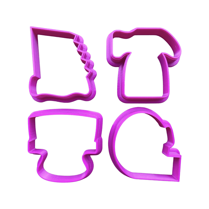 4 piece mini chubby tool cookie cutter set. includes a hammer, saw, tape measure, and brush tools