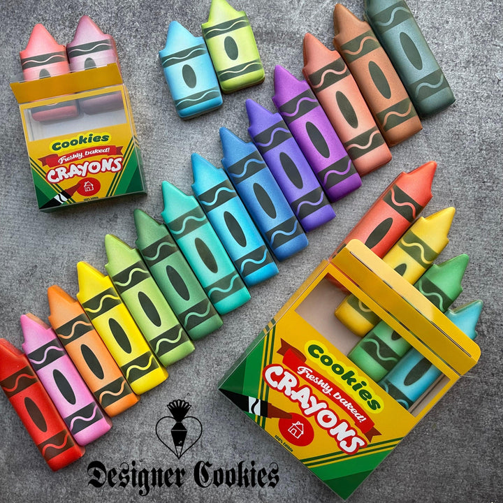 crayon cookie box packaging with crayon cookies that have been airbrushed.